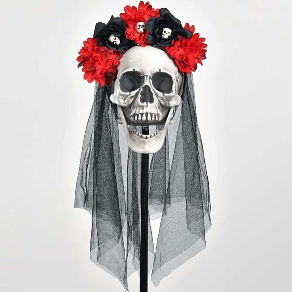 Day Of The Dead Skeleton Flower Headband With Veil, Includes Gloves - Adult
